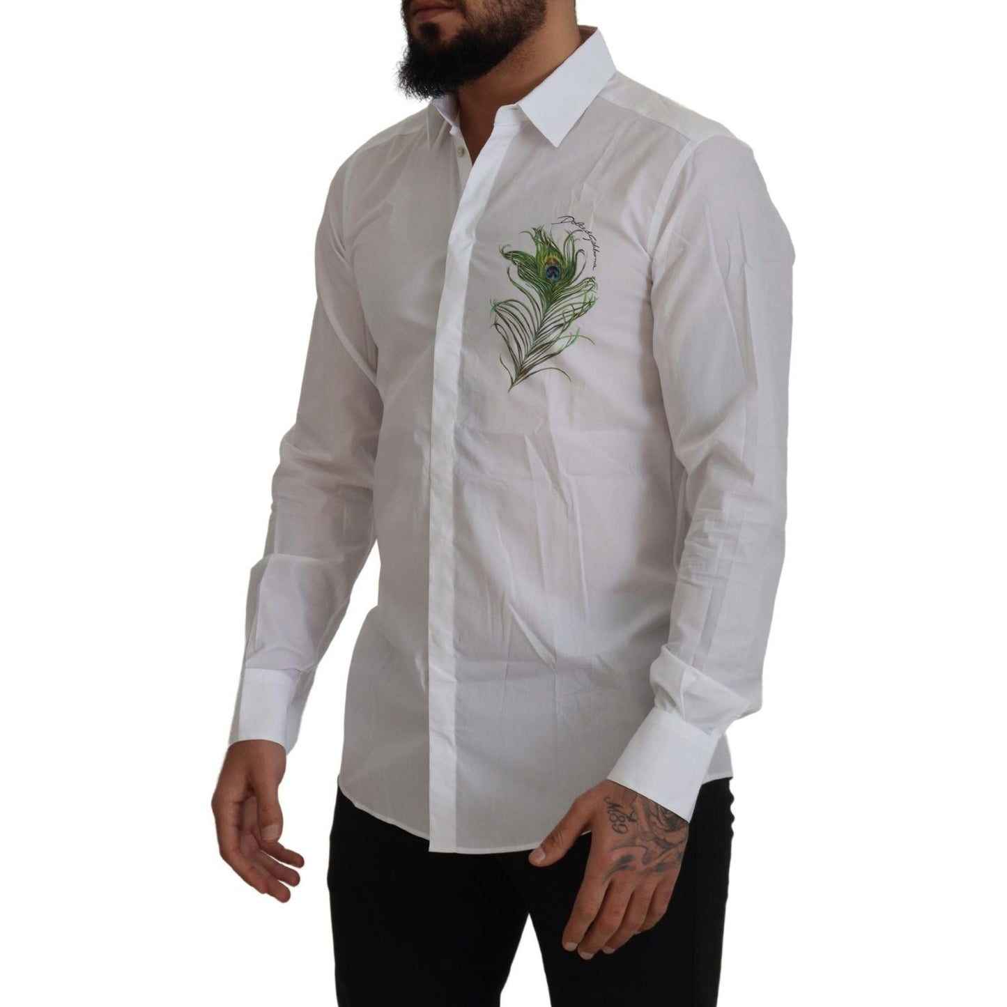 Elegant White Peacock Feather Dress Shirt