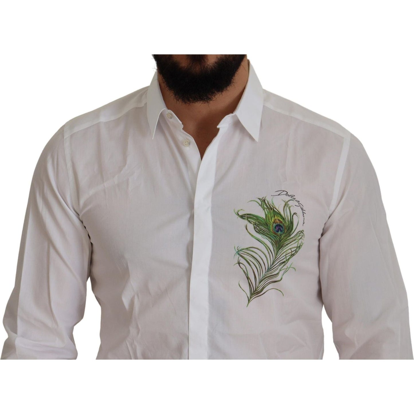 Elegant White Peacock Feather Dress Shirt