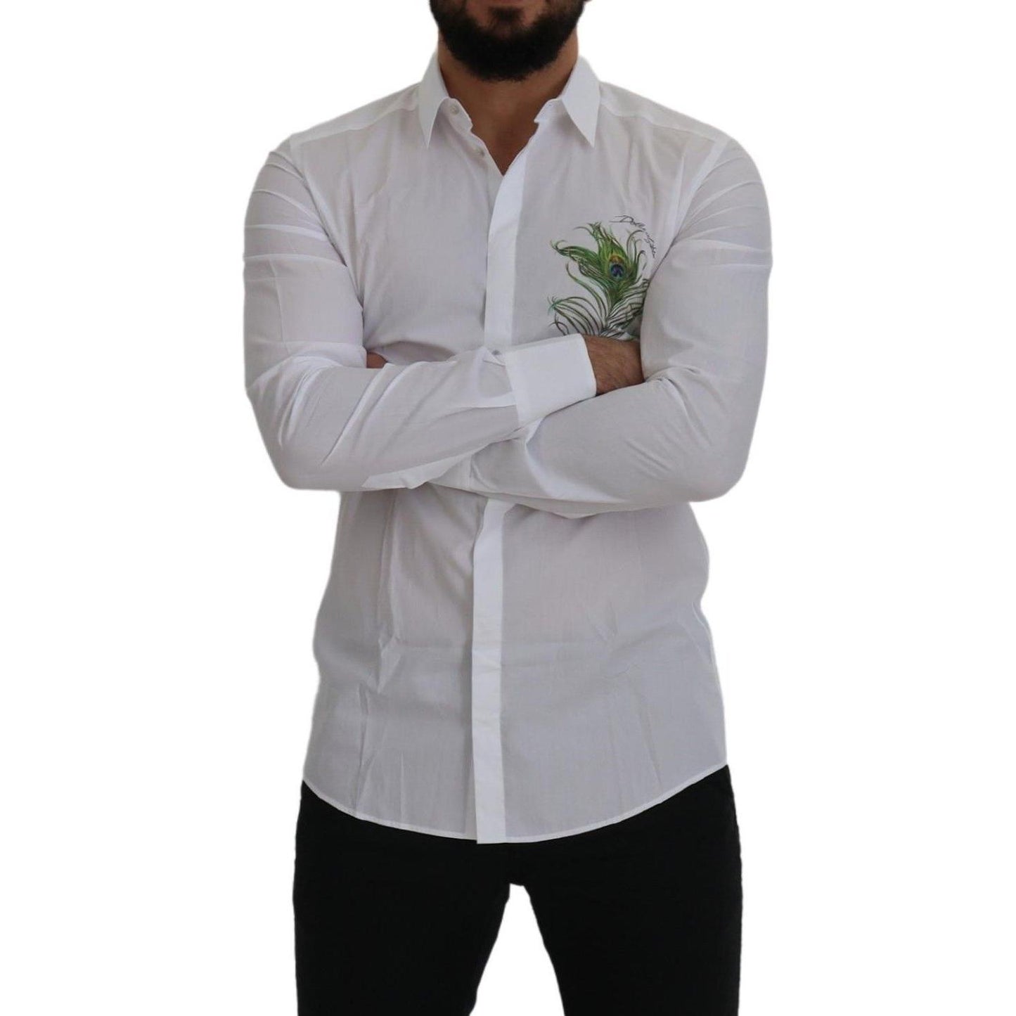 Elegant White Peacock Feather Dress Shirt