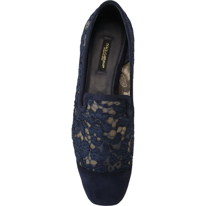 Dolce & Gabbana Blue Floral Lace Slip Ons Loafers Flats Shoes