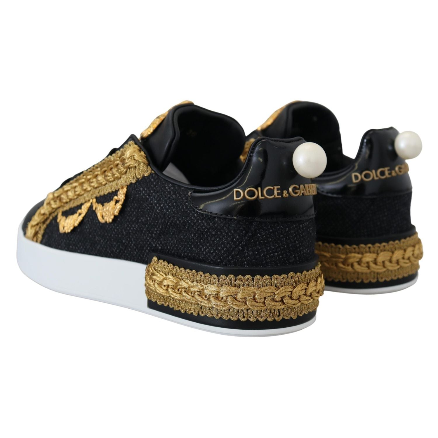 Dolce & Gabbana Black Gold Baroque Portofino Leather Sneakers Shoes