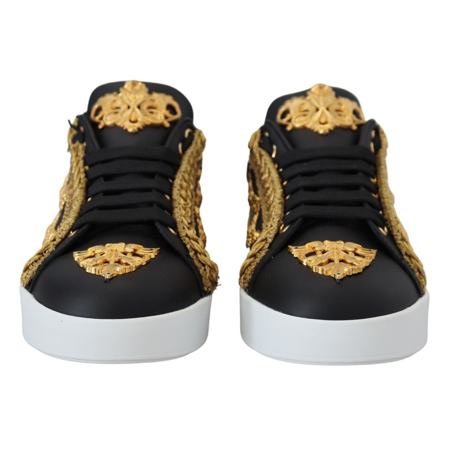Dolce & Gabbana Black Gold Baroque Portofino Leather Sneakers Shoes