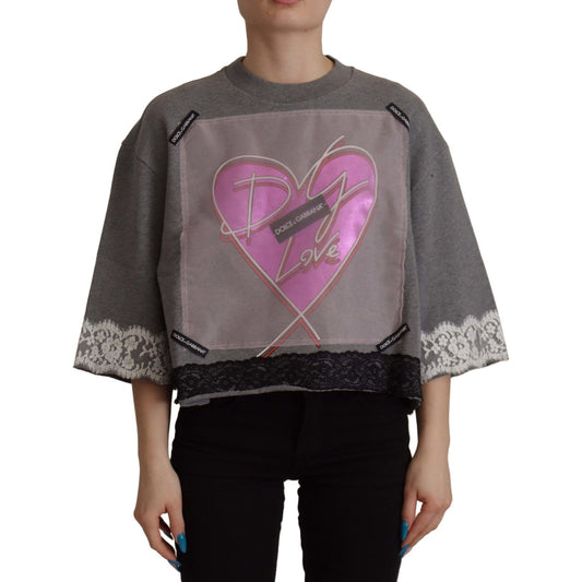 Chic Grey Cotton Heart Tee with Bell Sleeves