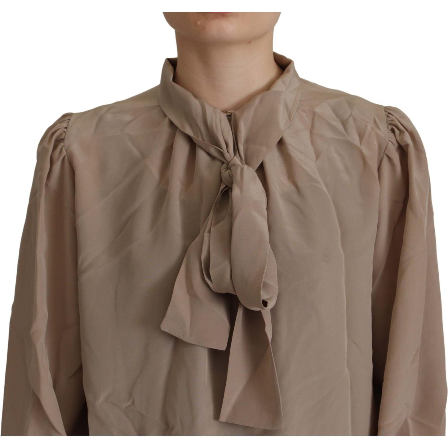 Dolce & Gabbana Brown Waistband Sleeves Ascot Collar Top Blouse