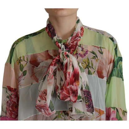 Dolce & Gabbana Multicolor Floral Patchwork Design Ascot Collar Top Blouse