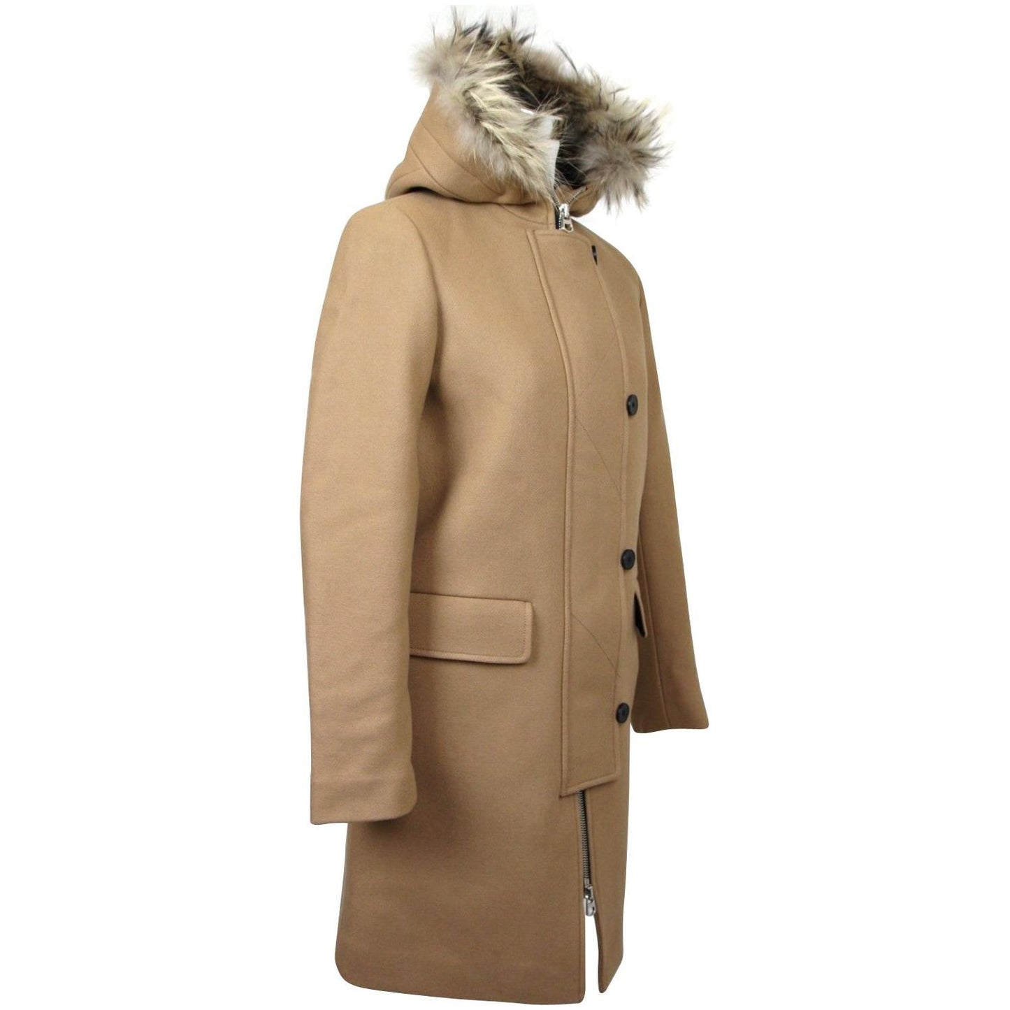 Women's Camel Kurt Wool Coat Fur Trim Hood