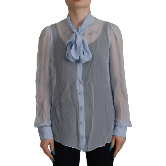 Elegant Silk Ascot Collar Blouse in Light Blue