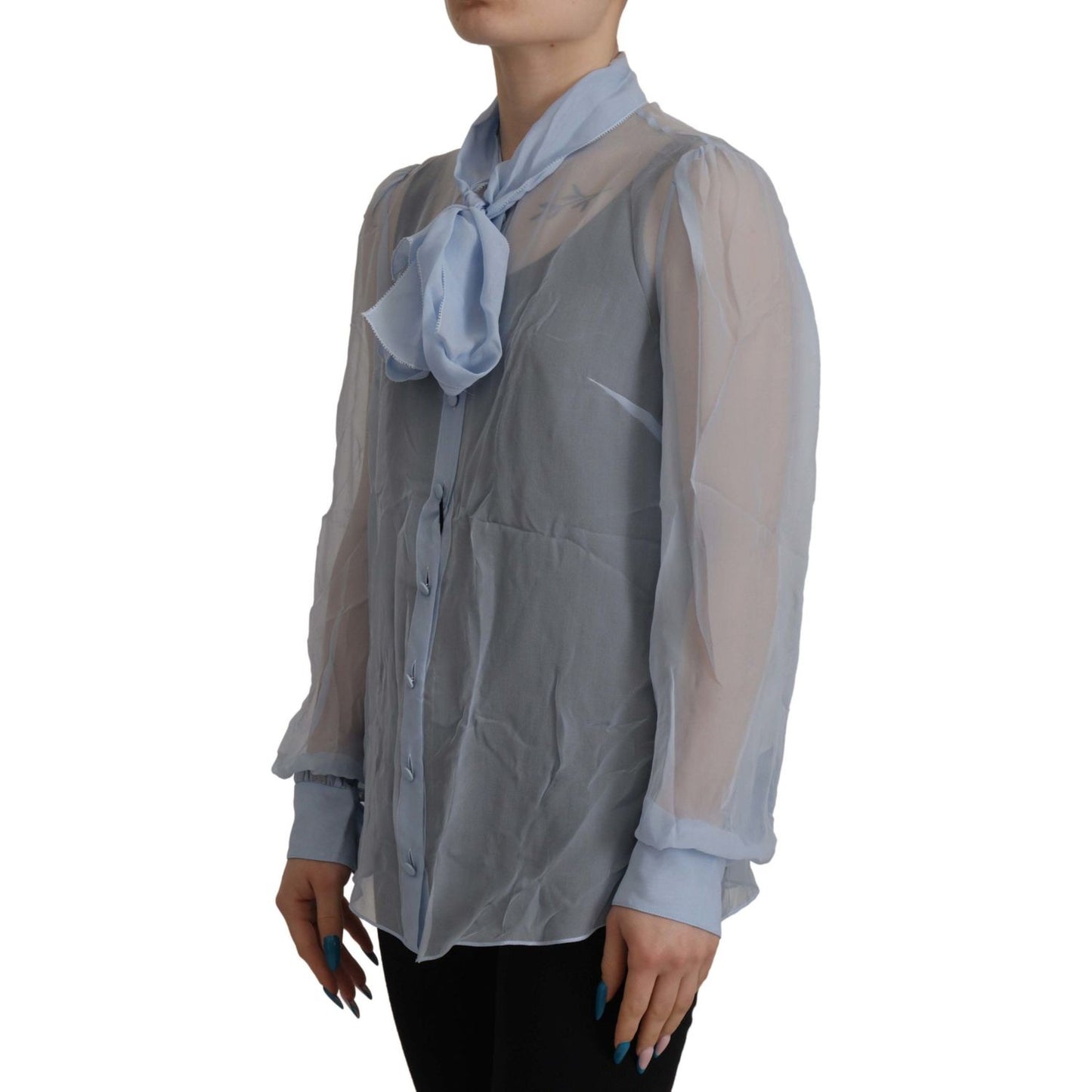 Dolce & Gabbana Light Blue Silk Ascot Collar Long Sleeves Top