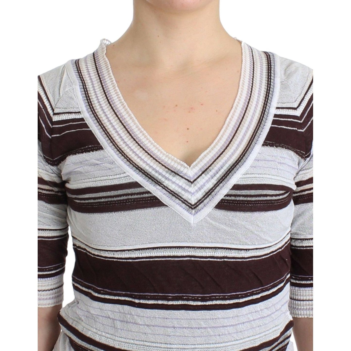 Ermanno Scervino Striped V-Neck Knit Top with Lace Hem striped-lace-v-neck-short-sleeve-top-sweater