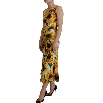 Dolce & Gabbana White Sunflower Print Sheath Midi Silk