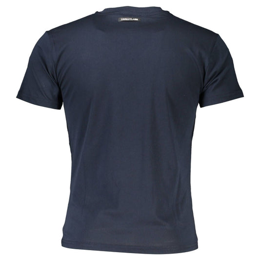 Elegant Blue Round Neck Tee with Logo Print