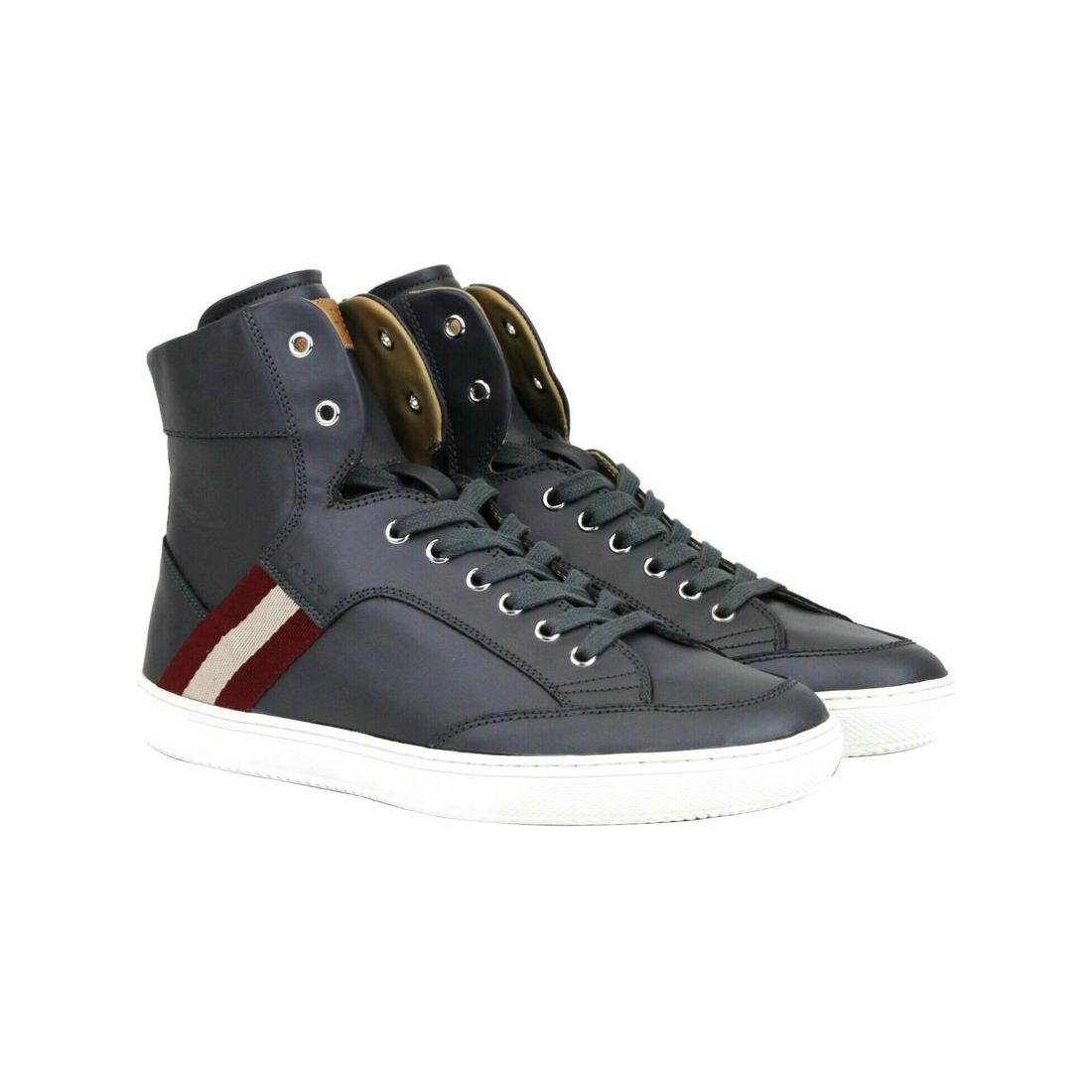 Dark Grey Calf Leather Hi Top Sneaker With Red Beige