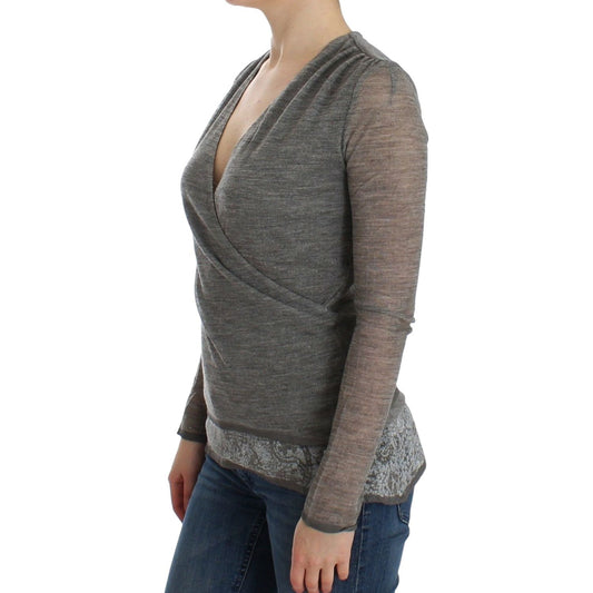 Ermanno Scervino Elegant Gray Wool Blend Deep V-neck Sweater gray-wool-blend-stretch-long-sleeve-sweater-1