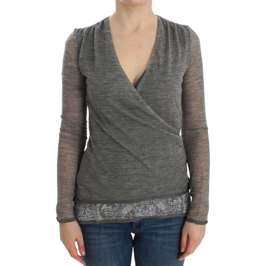 Ermanno Scervino | Elegant Gray Wool Blend Deep V-neck Sweater| McRichard Designer Brands   