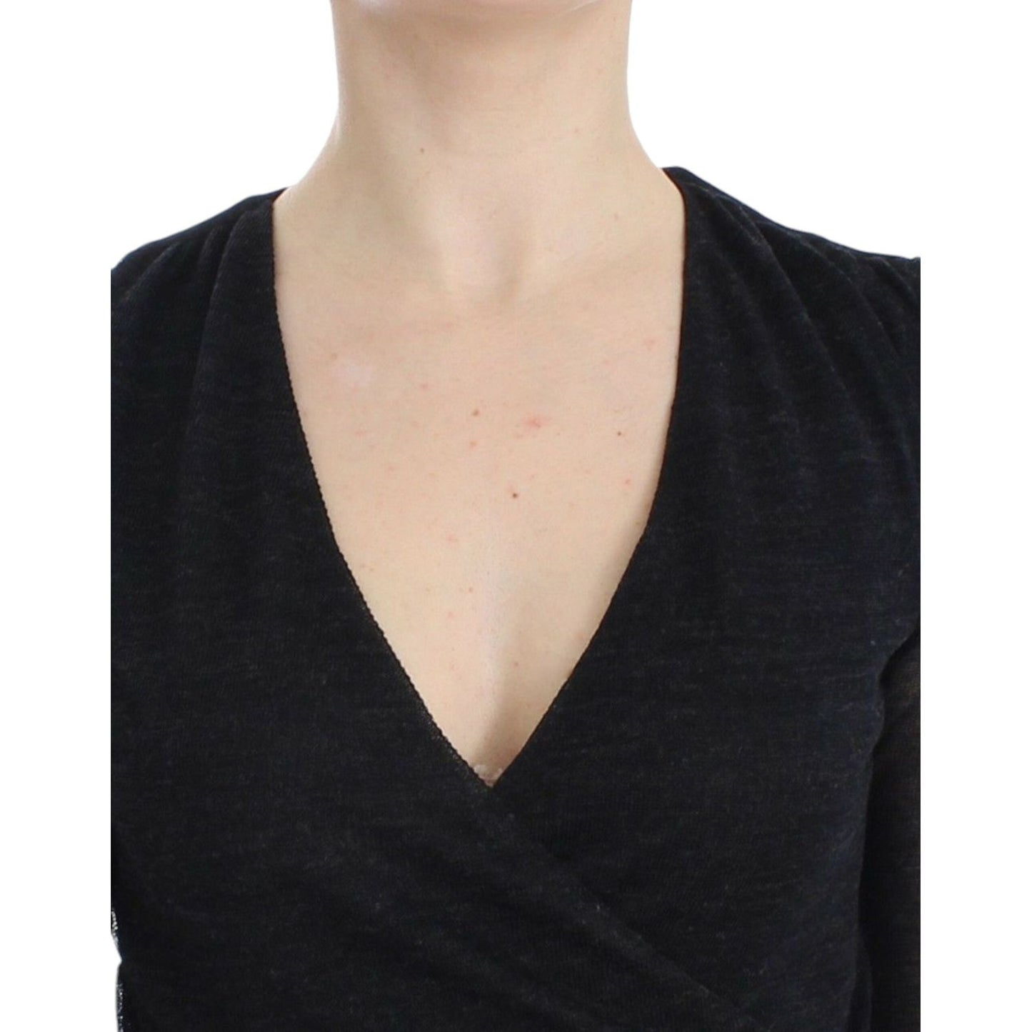 Ermanno Scervino Deep V-neck Black Wool Blend Sweater black-wool-blend-stretch-long-sleeve-sweater