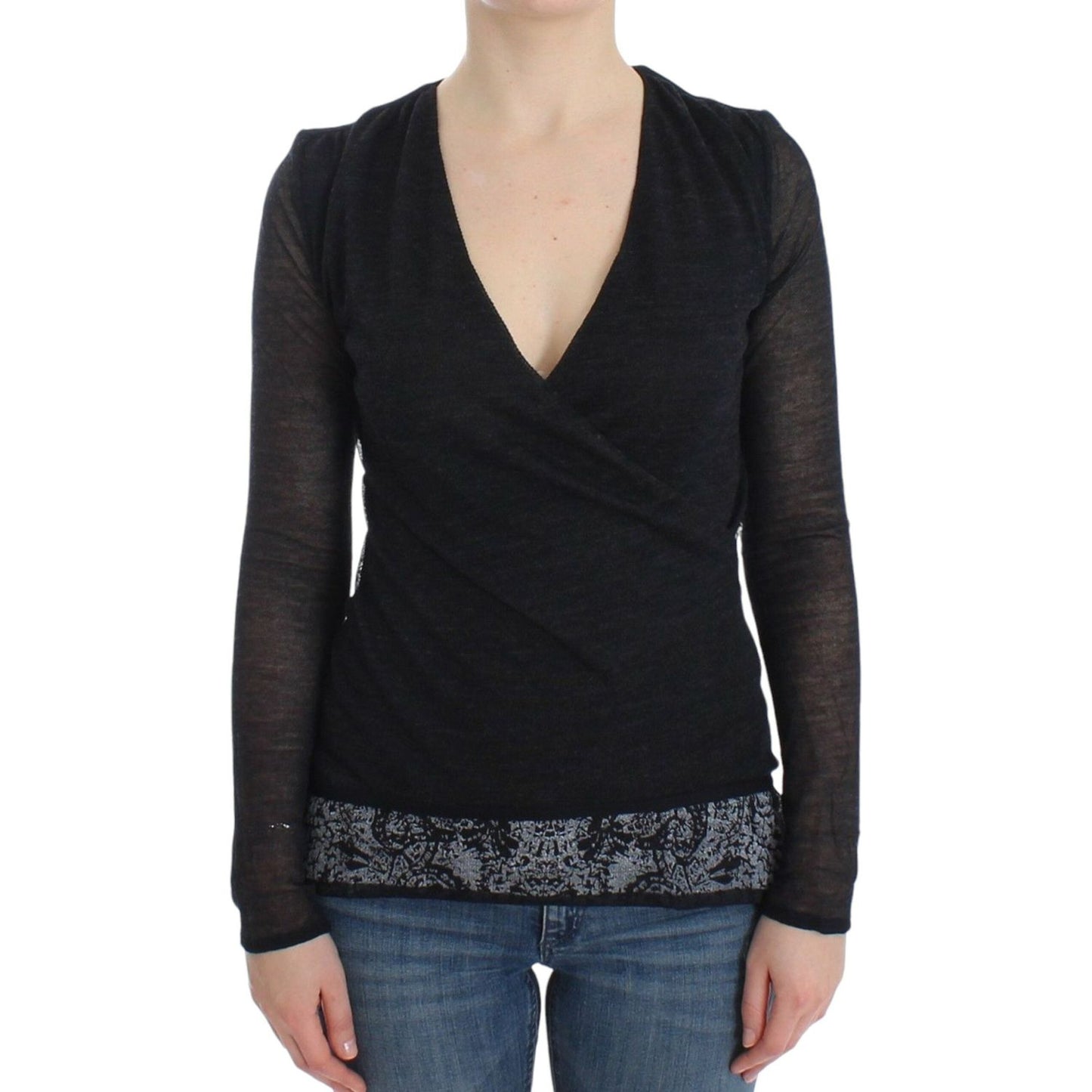 Ermanno Scervino Deep V-neck Black Wool Blend Sweater black-wool-blend-stretch-long-sleeve-sweater