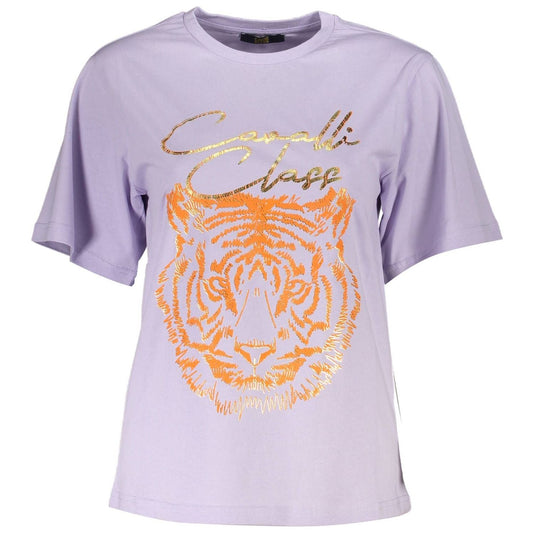 Elegant Purple Round Neck Tee with Logo Print