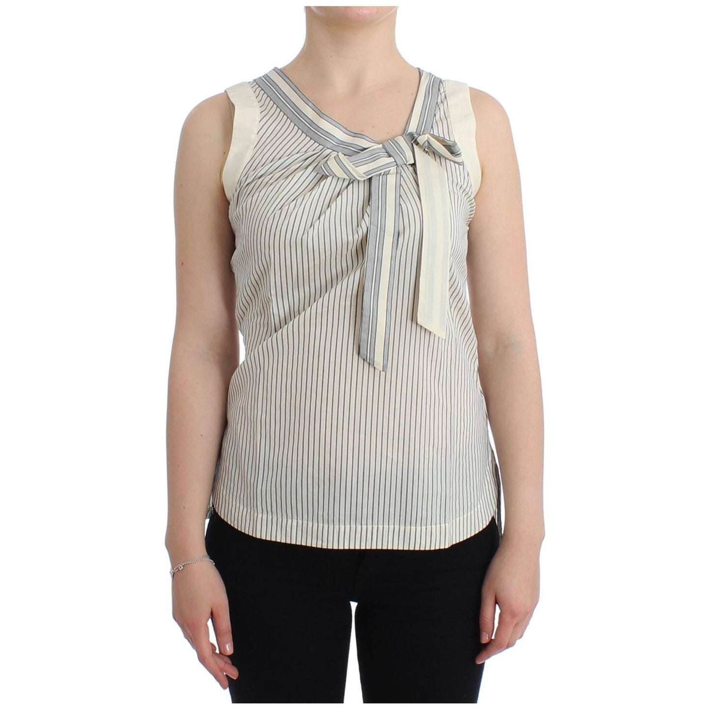 Chic Striped Cotton-Silk Bow Top