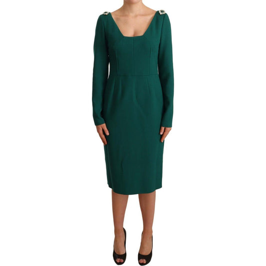 Emerald Green Midi Sheath Dress with Crystal Brooch