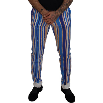 Dolce & Gabbana Blue Striped Silk Cotton Slim Trousers Pants