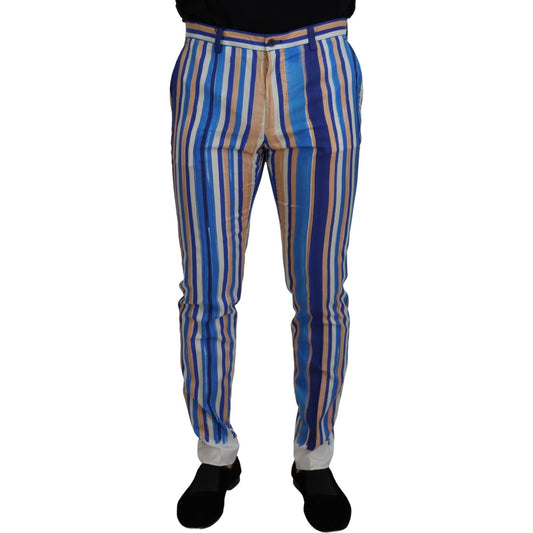 Dolce & Gabbana Blue Striped Silk Cotton Slim Trousers Pants Dolce & Gabbana