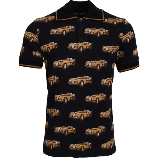 Elegant Car Print Polo T-Shirt in Black