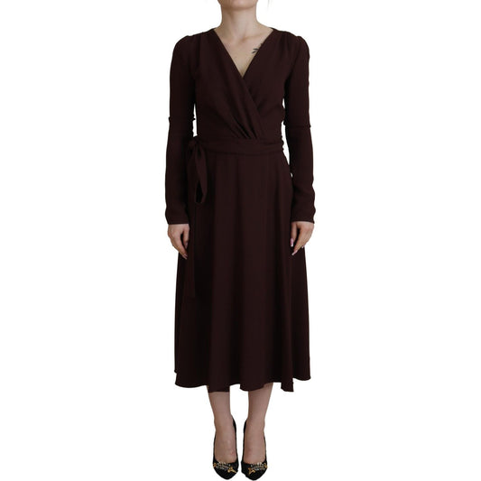 Dolce & Gabbana Brown Wrap Long Sleeve Midi Stretch Dress Dolce & Gabbana