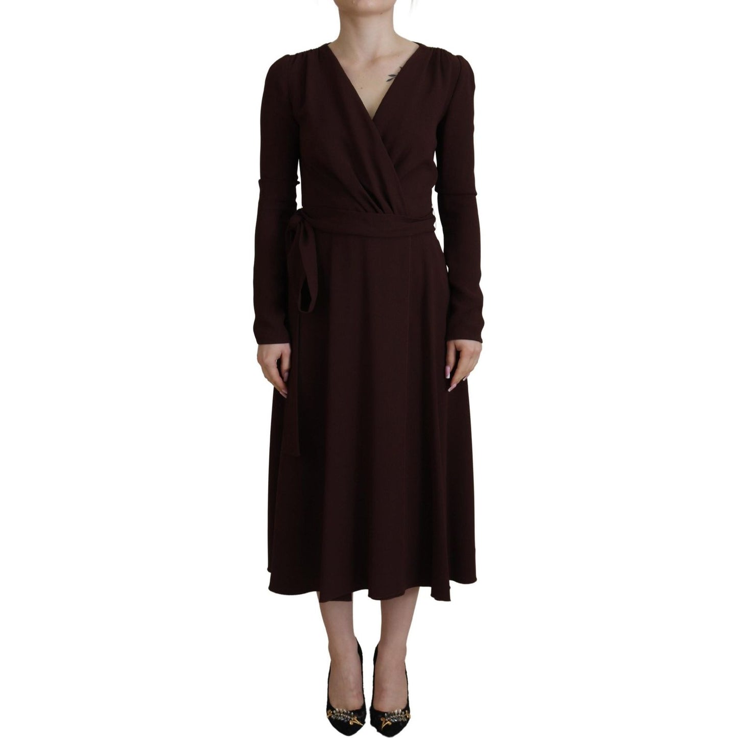 Elegant Brown Long Sleeve Wrap Dress