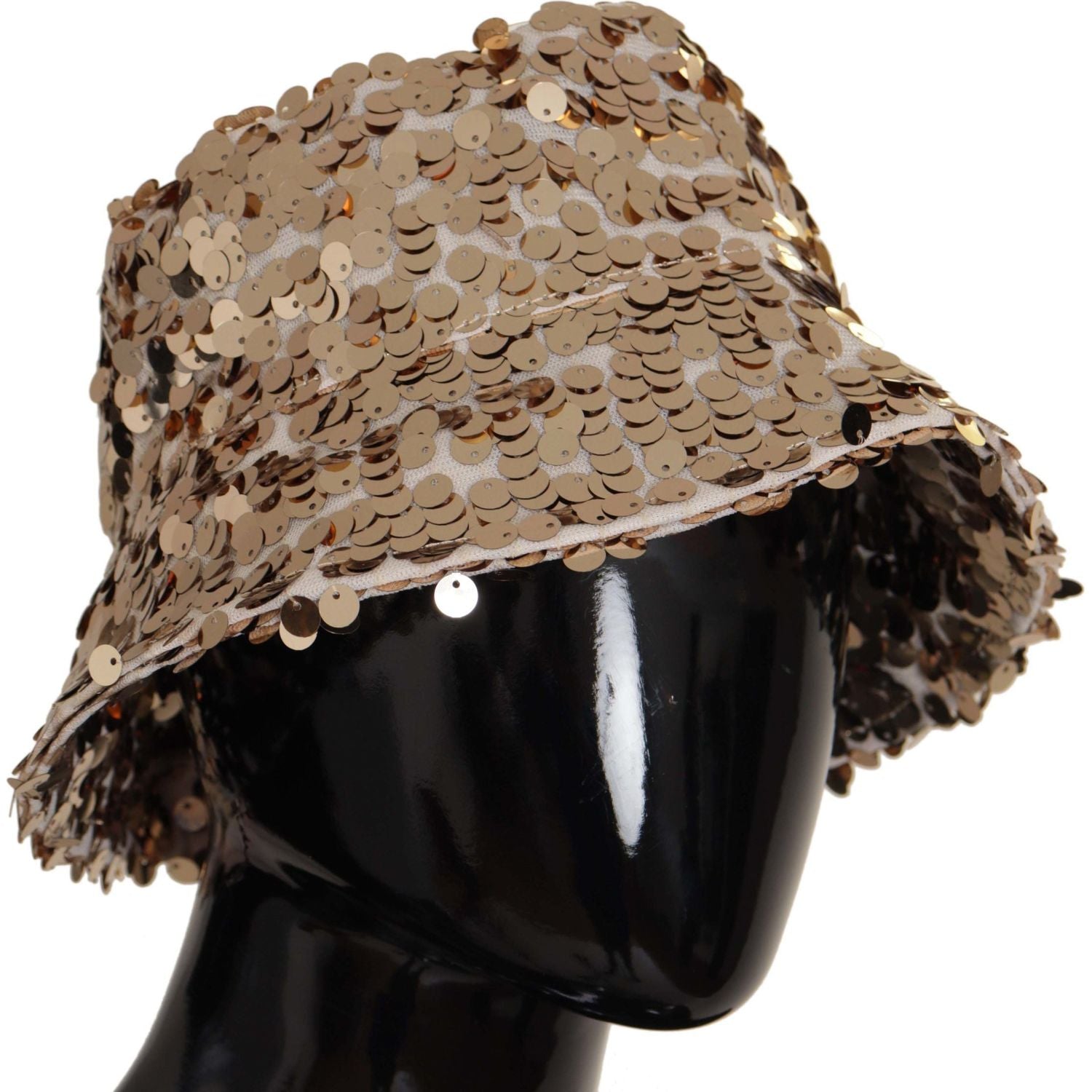 Dolce & Gabbana Gold Silk Sequin Embellished Designer Brim Bucket Hat
