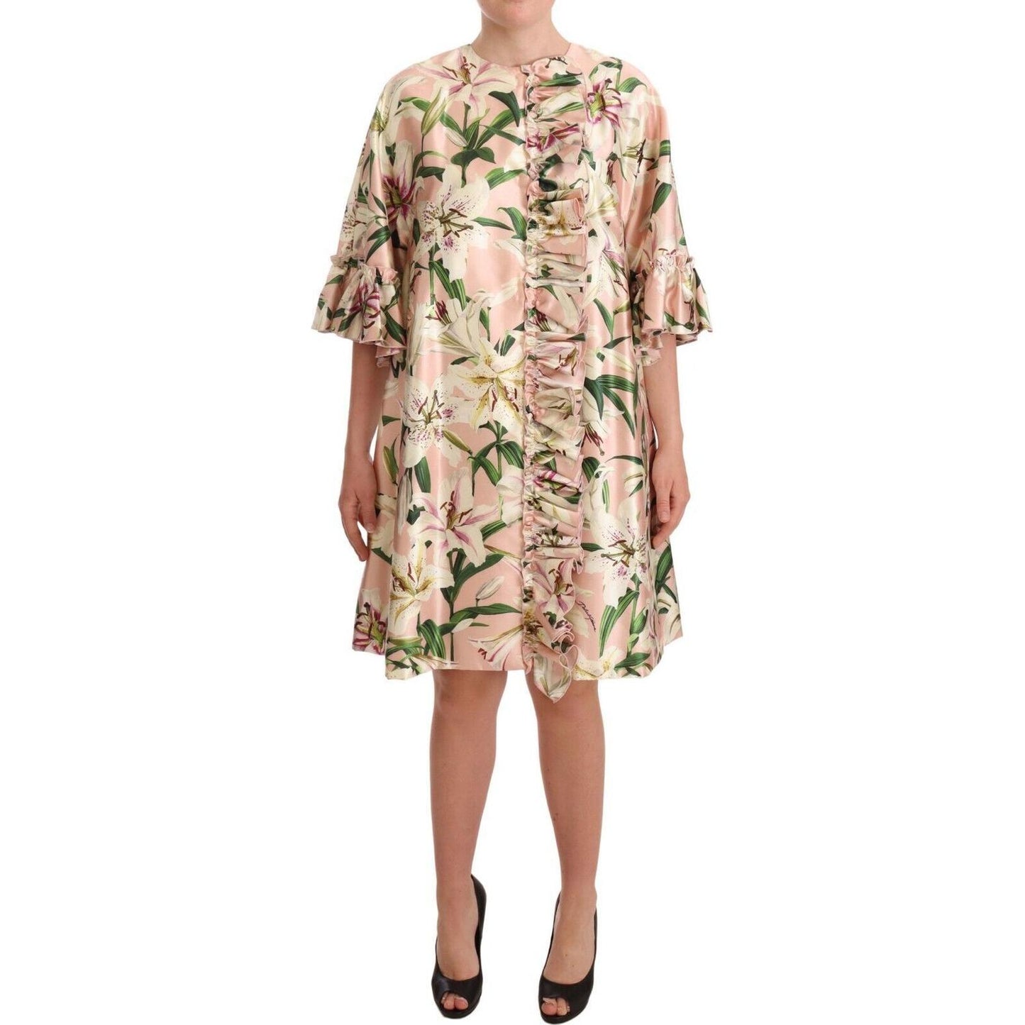 Elegant Floral Ruffled Silk Long Coat