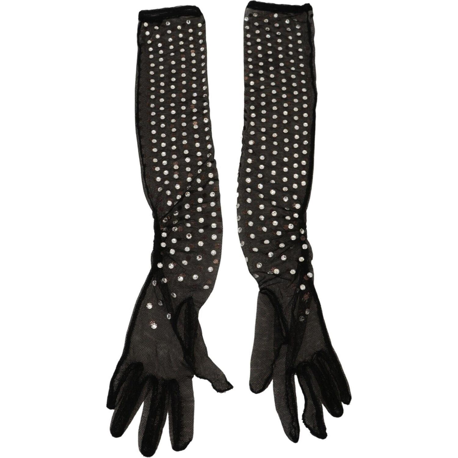 Dolce & Gabbana Black Crystal Elbow Length Cotton Tulle Gloves