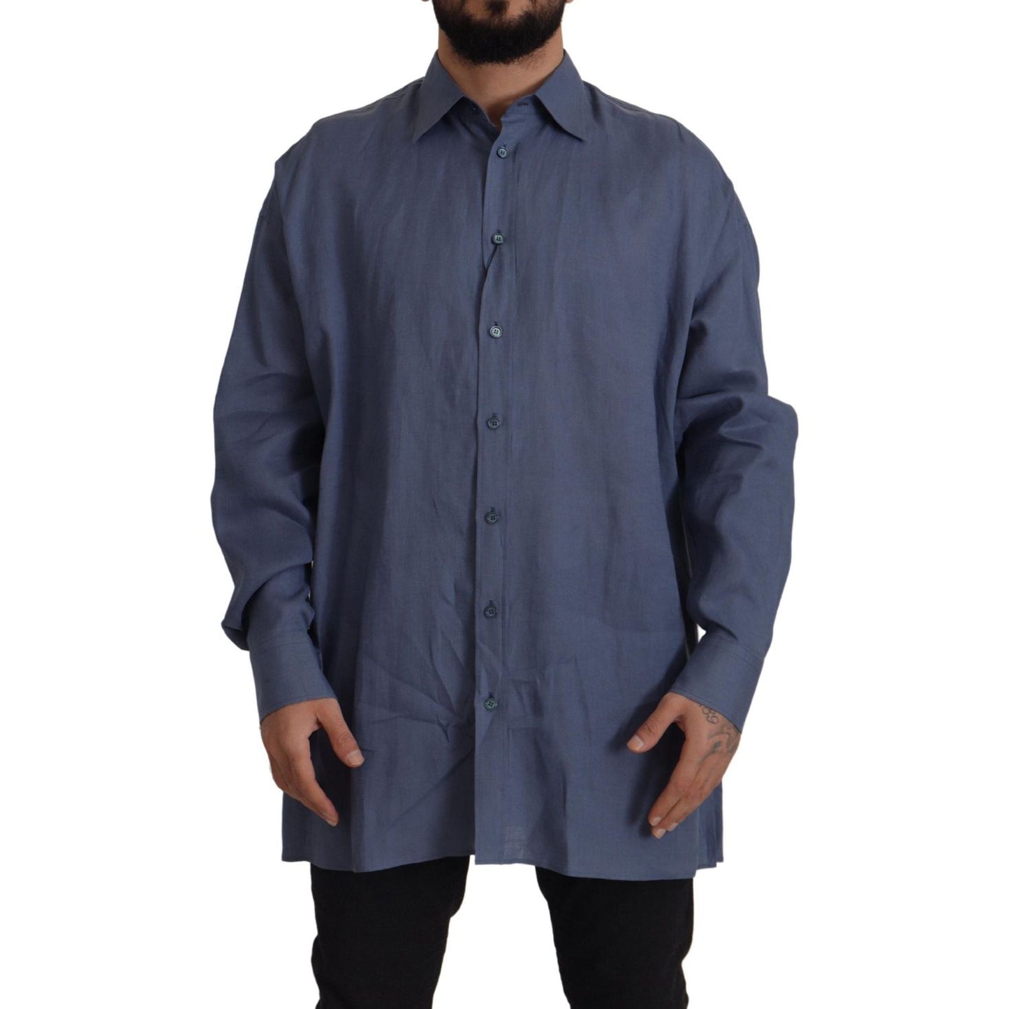 Elegant Dark Blue Linen Dress Shirt