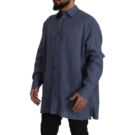 Elegant Dark Blue Linen Dress Shirt