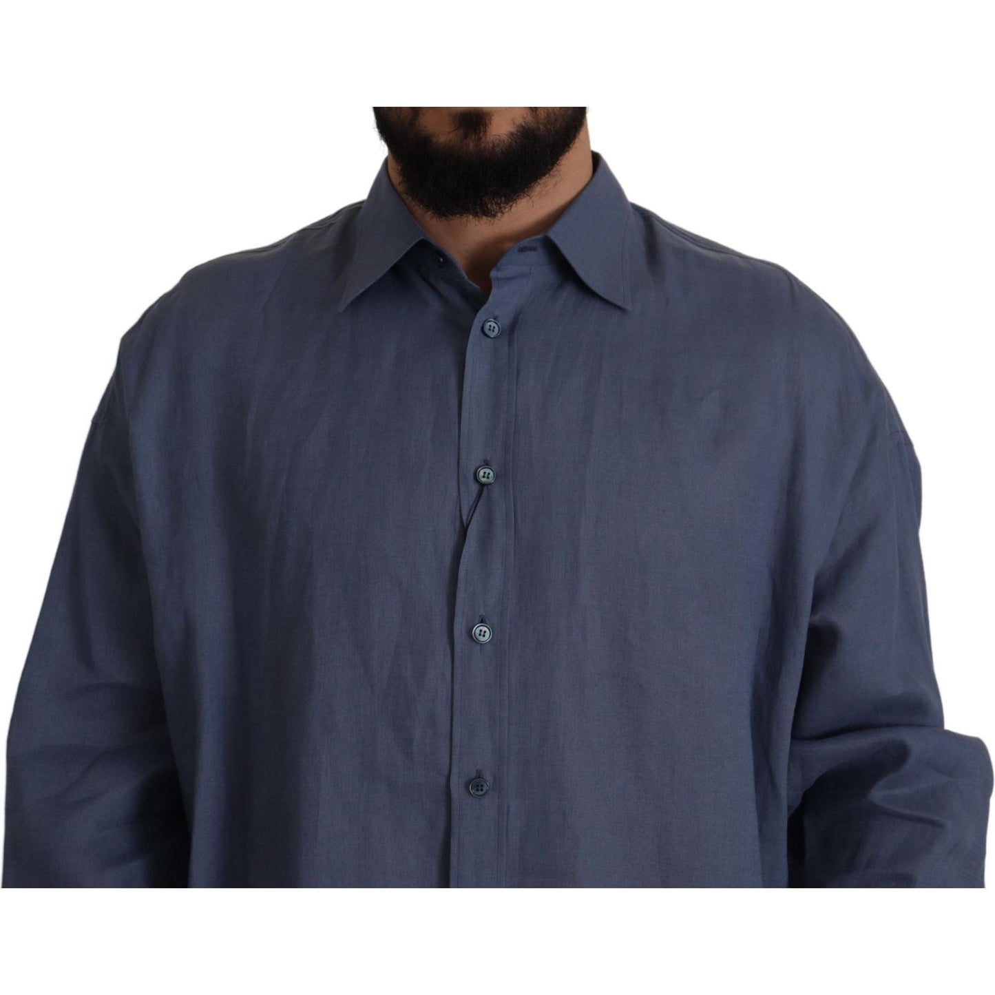 Elegant Dark Blue Linen Dress Shirt