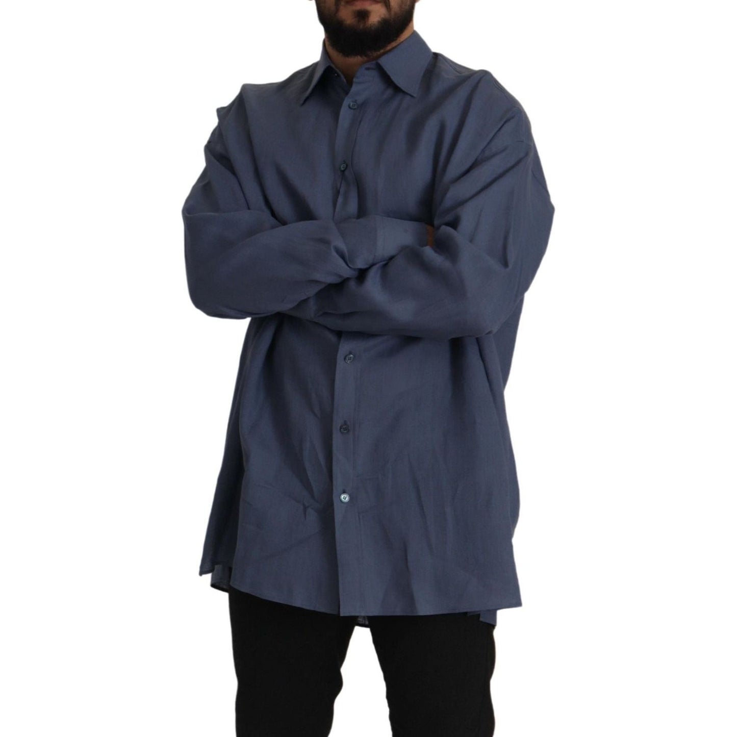 Elegant Dark Blue Linen Dress Shirt