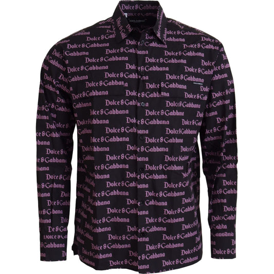 Dolce & Gabbana Black Purple Logo Slim Dress Formal Shirt