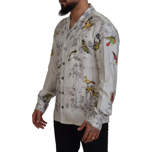 Elegant Silk Bird Print Casual Shirt