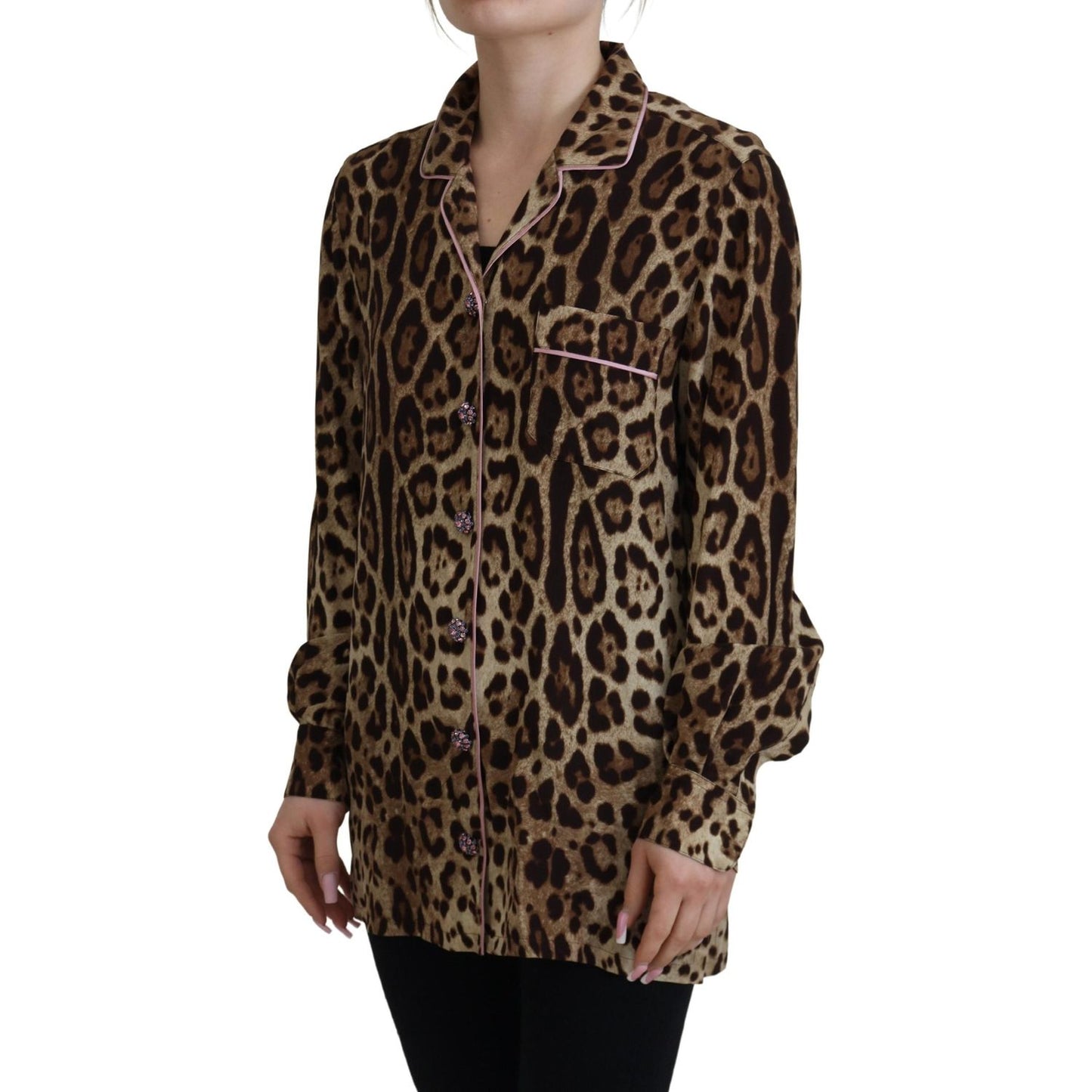 Elegant Silk Leopard Print Collared Top