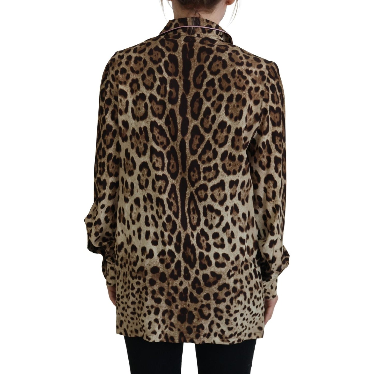 Elegant Silk Leopard Print Collared Top