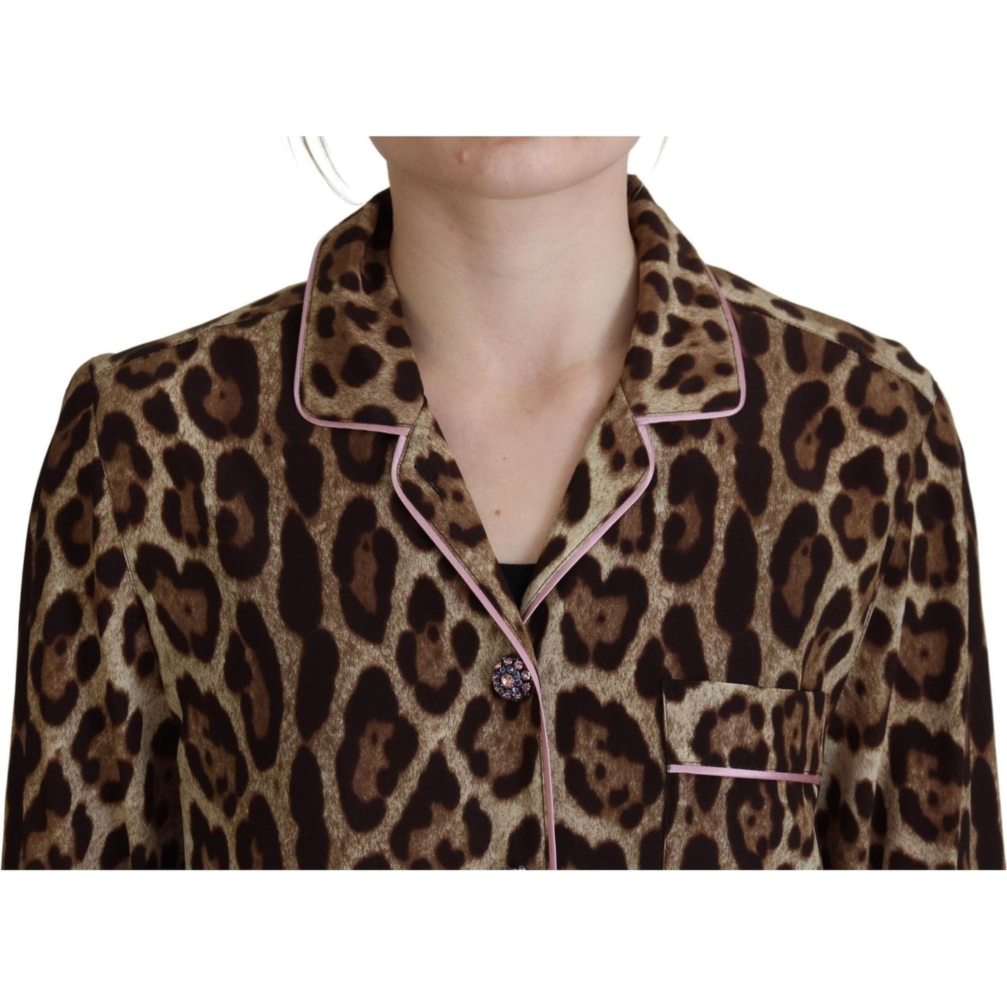 Elegant Silk Leopard Print Collared Top