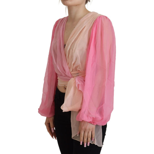 Silk V-Neckline Wrap Blouse in Pink