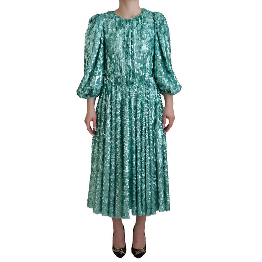 Dolce & Gabbana Blue Sequined Pleated Aline Midi Nylon Dress Dolce & Gabbana