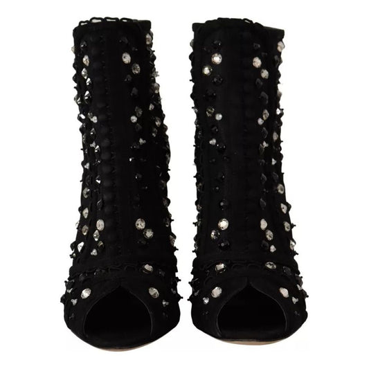 Black Tulle Suede Crystals Heels Boots Shoes