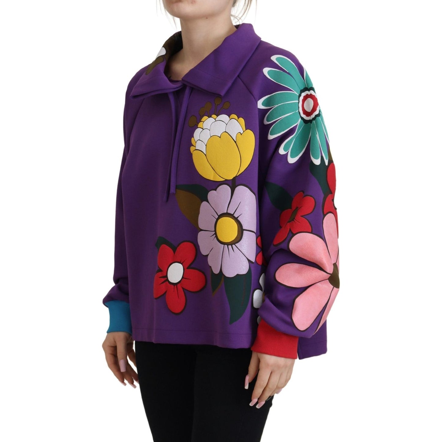 Dolce & Gabbana Purple Floral Print Pullover Cotton Sweater