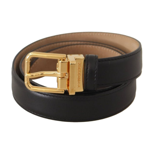 Elegant Black Leather Belt with Engraved Metal Buckle