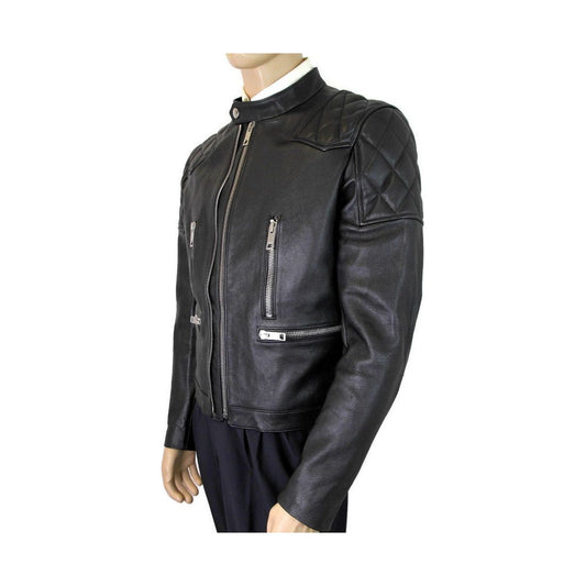 Burberry Men's Black Leather Diamond Quilted Biker Jacket