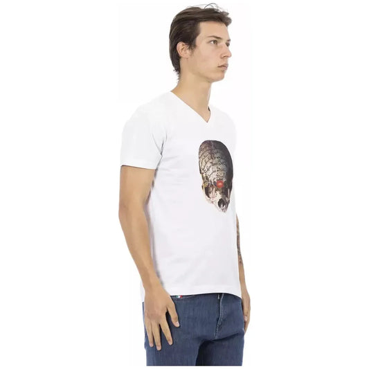 Trussardi Action Elegant White V-Neck Tee with Sleek Print Trussardi Action