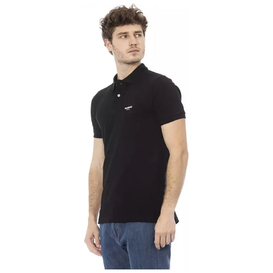 Elegant Black Cotton Polo with Front Embroidery