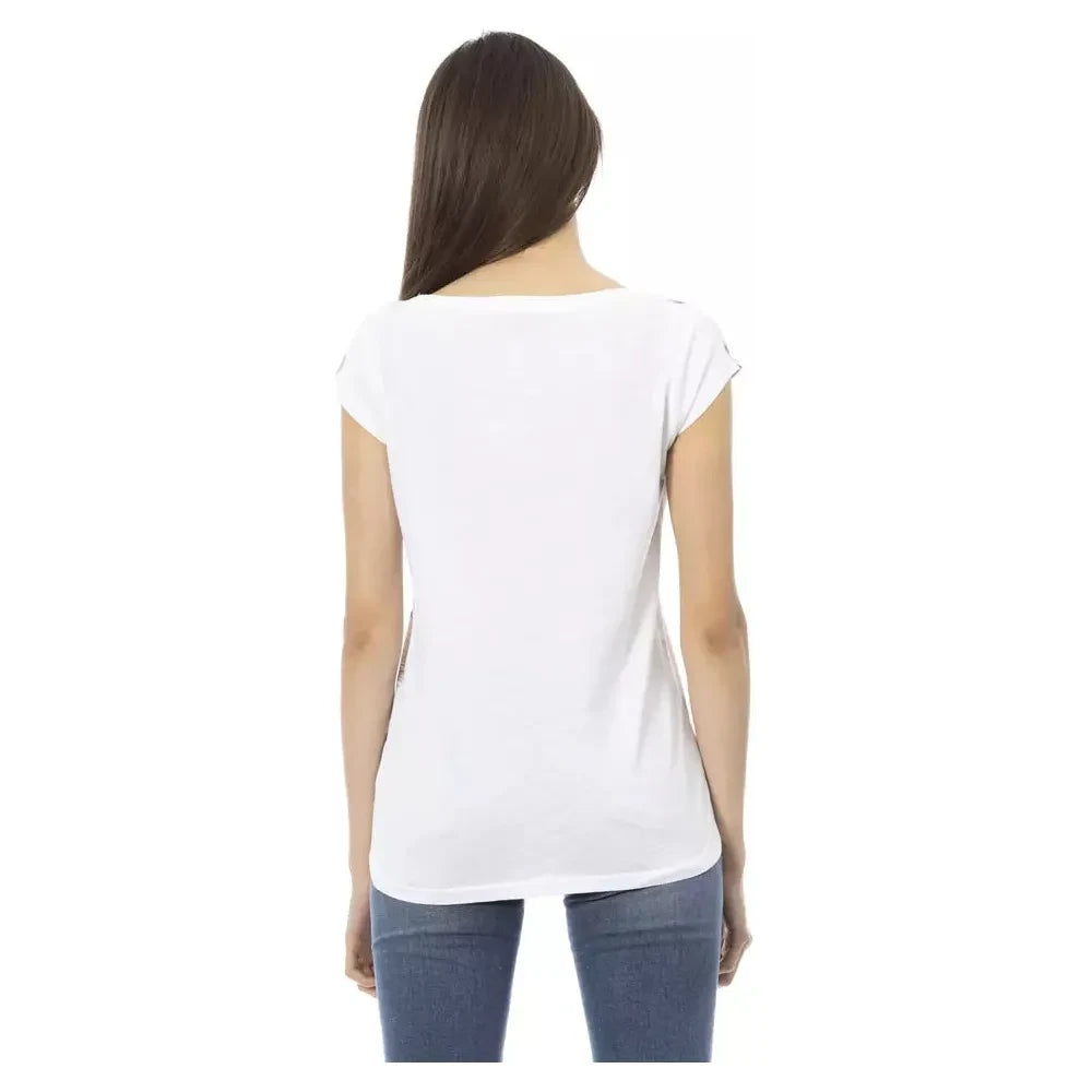 Chic White Cotton-Blend Tee with Bold Print