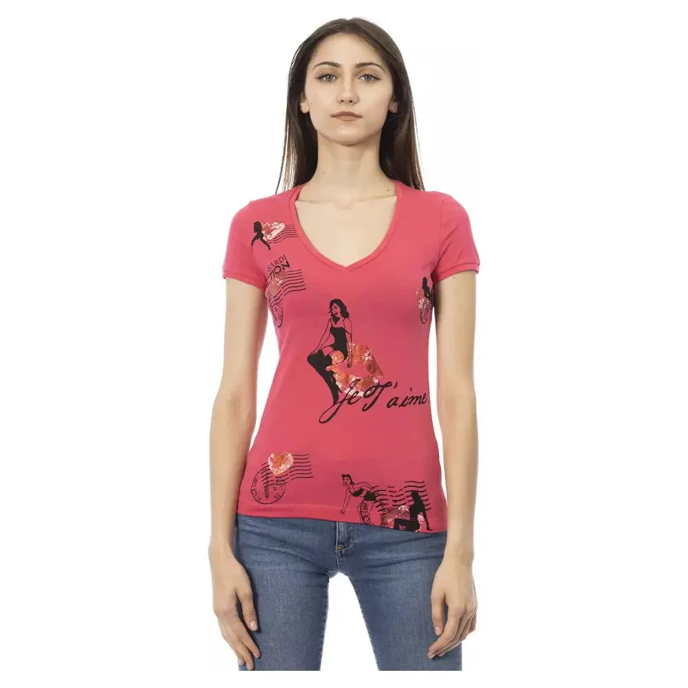 V-Neck Cotton Blend Tee with Chic Front Print